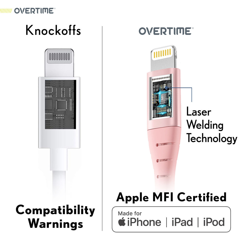 Overtime 10Ft Braided iPhone Charger Cord | Apple MFI Certified USB to Lightning Cable - Rose Gold (2-Pack)