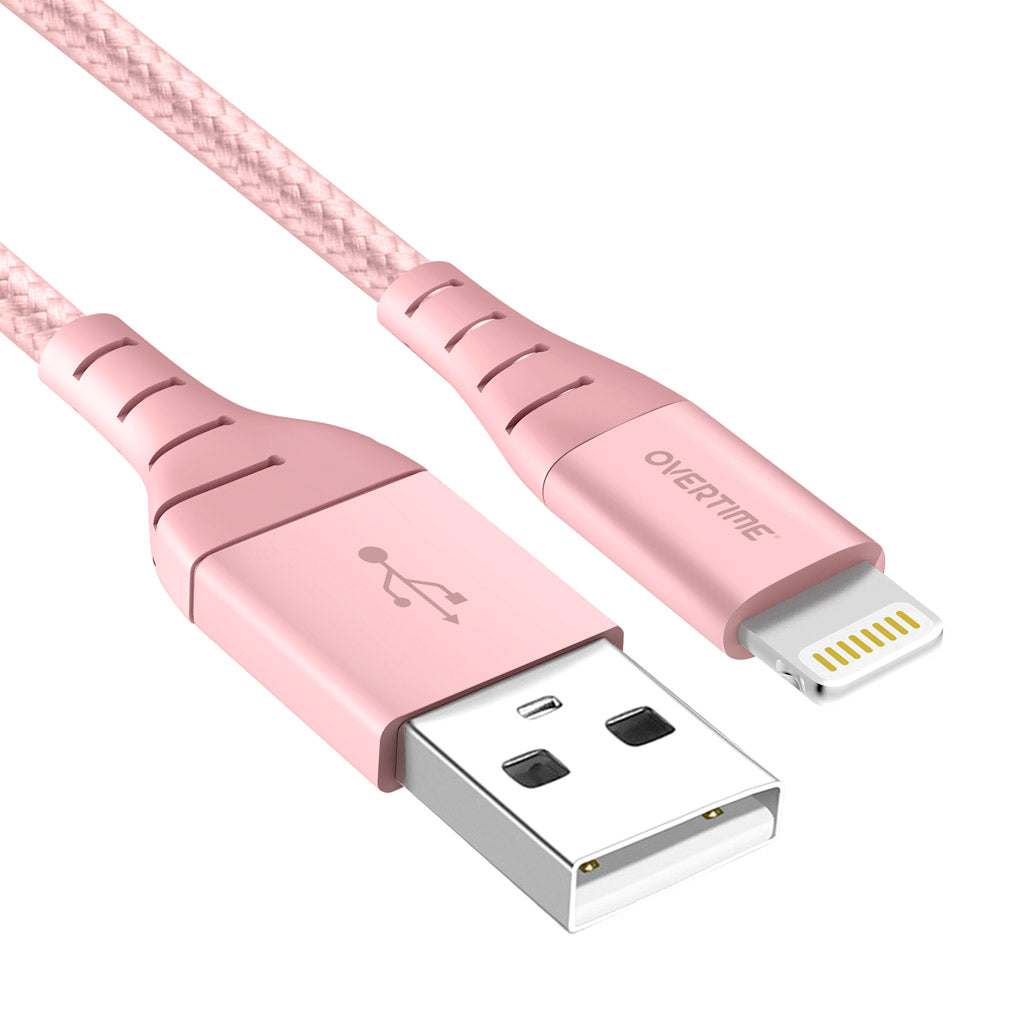 Overtime 10Ft Braided iPhone Charger Cord | Apple MFI Certified USB to Lightning Cable - Rose Gold (2-Pack)