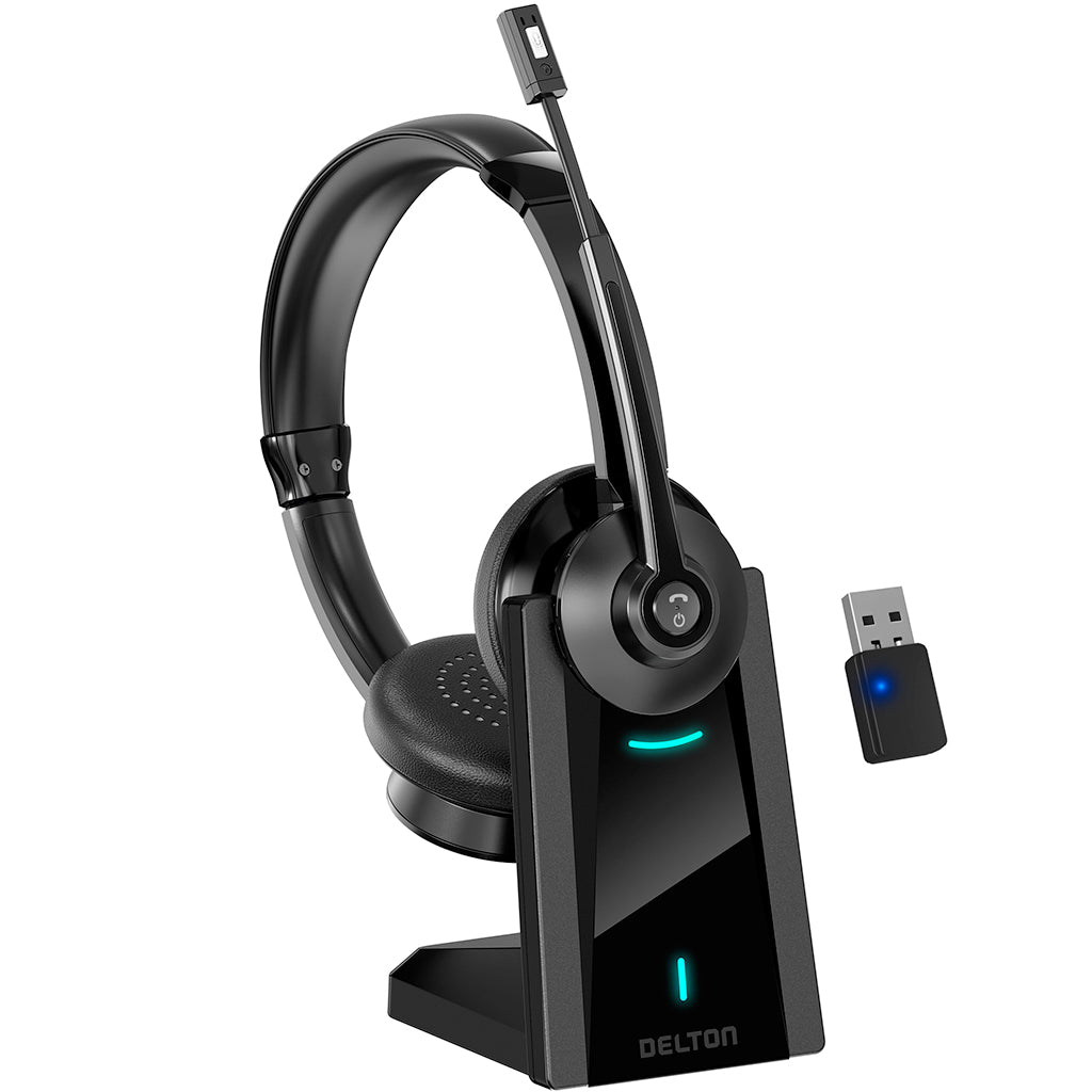 Delton 35X Noise Cancelling 2-Earpiece Computer Headset + Auto Pairing USB + Charging Dock