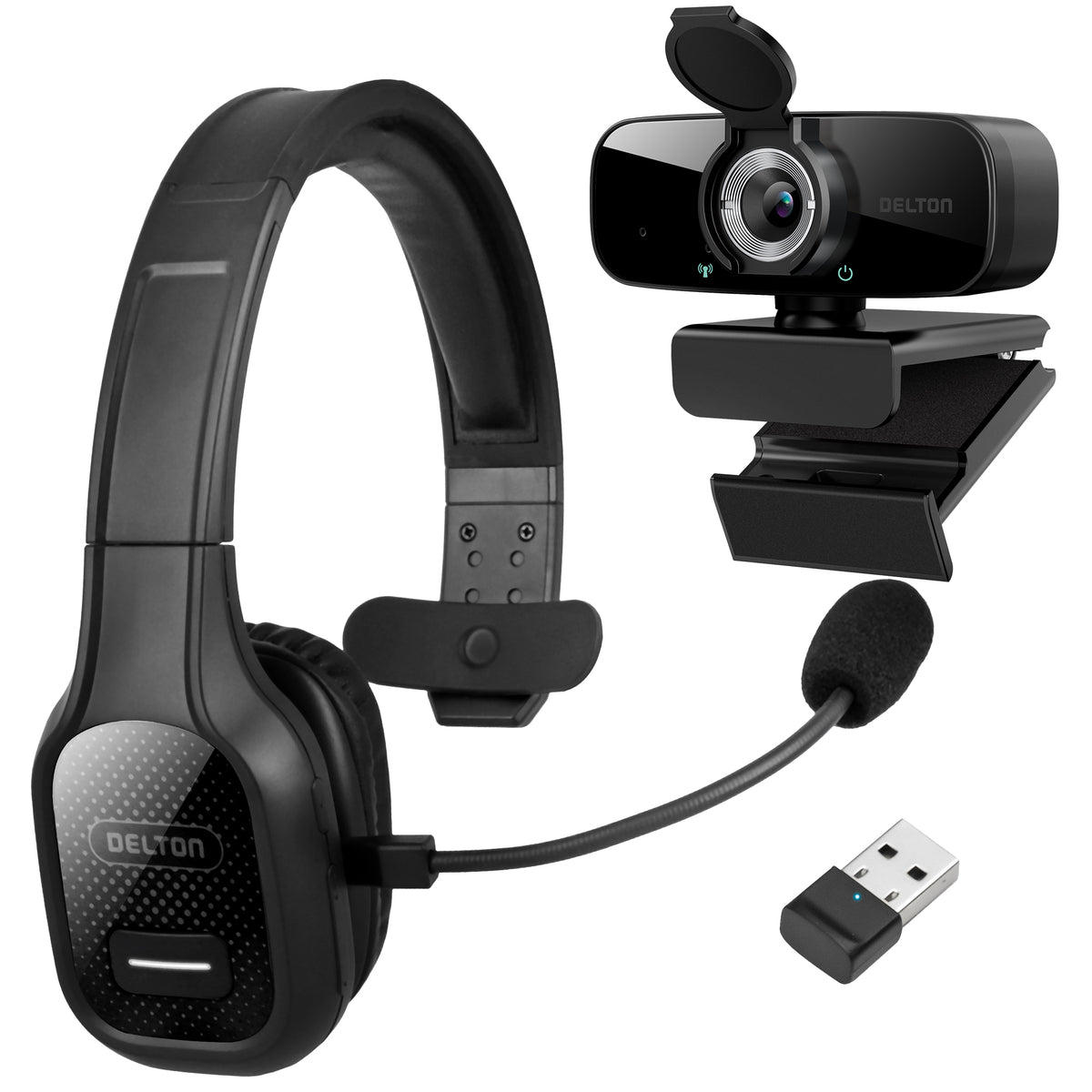 Delton 20X Bundle: Professional Wireless Computer Headset with Mic + Auto Pairing USB Dongle + 1080P USB Webcam