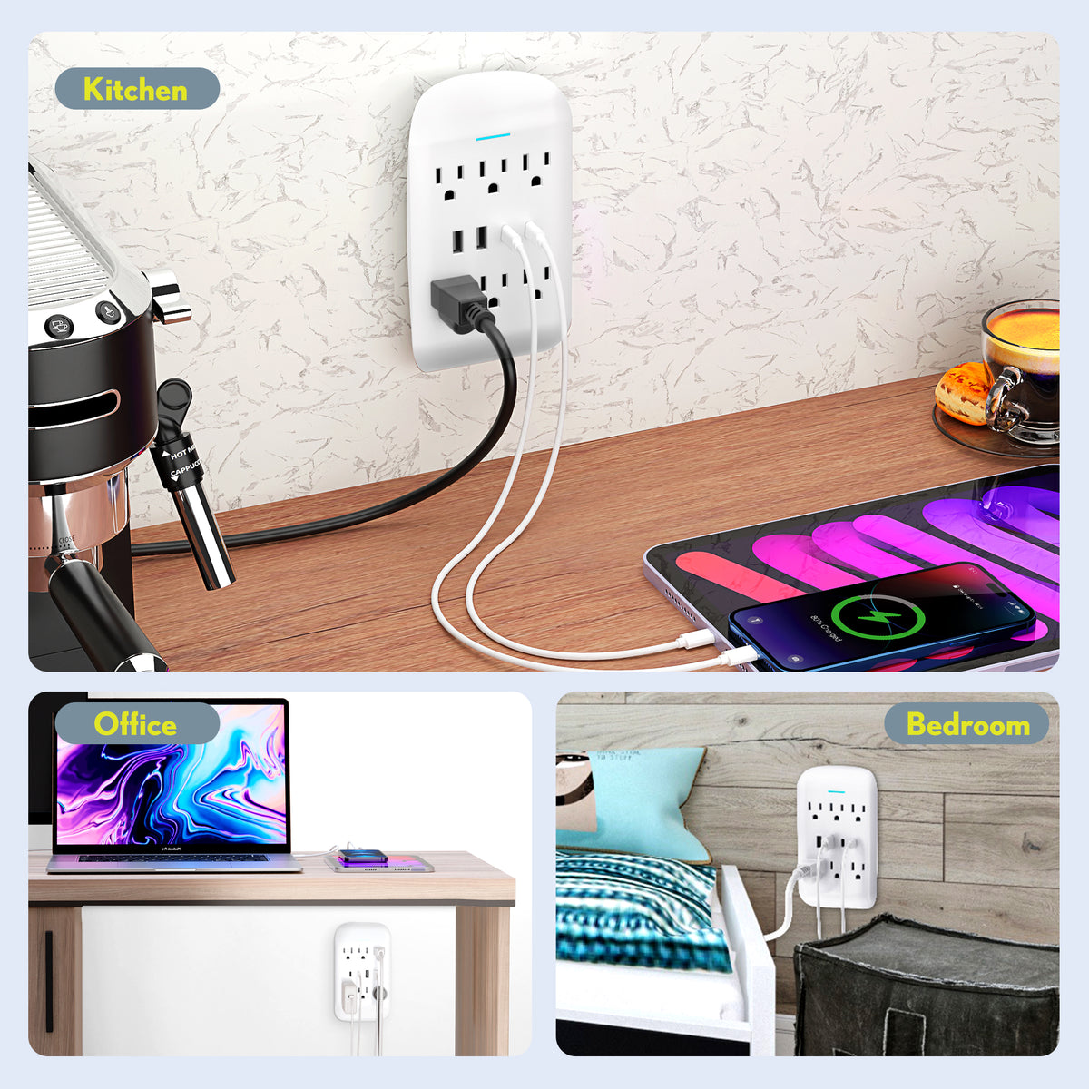 Outlet Extender 10-Port Wall Charger Surge Protector with Lightning Cable (4ft)