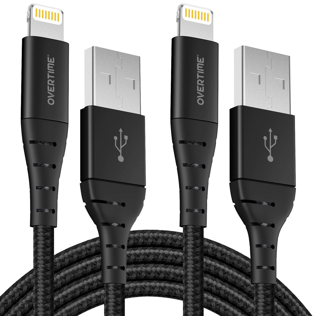 Overtime 10Ft Braided USB to Lightning Cable - Black (2-Pack)