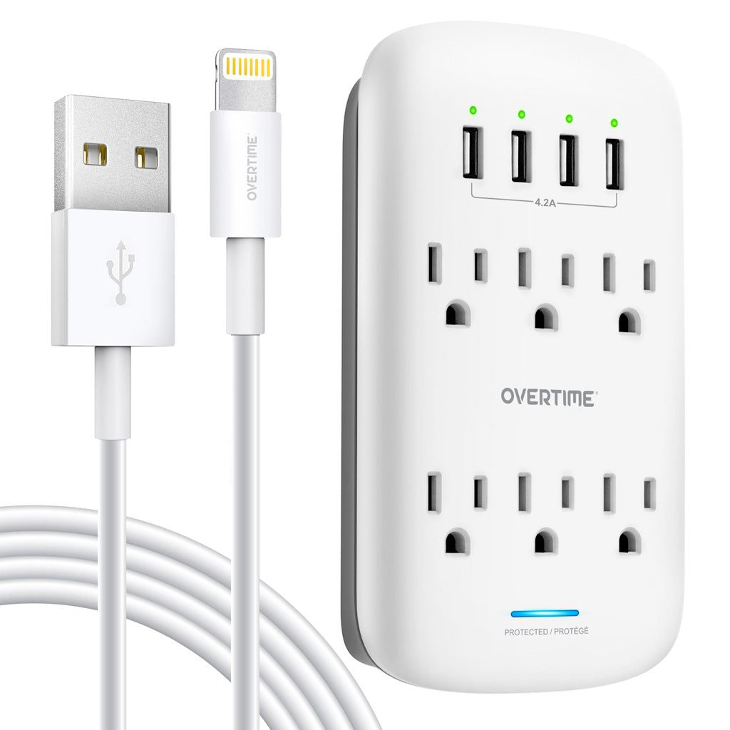 Outlet Shelf 10-Port Wall Charger Surge Protector with Lightning Cable (4ft)
