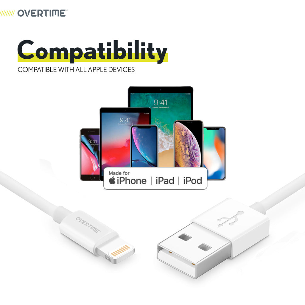 Overtime 1Ft iPhone Charger Cord | Apple MFI Certified USB to Lightning Cable - White