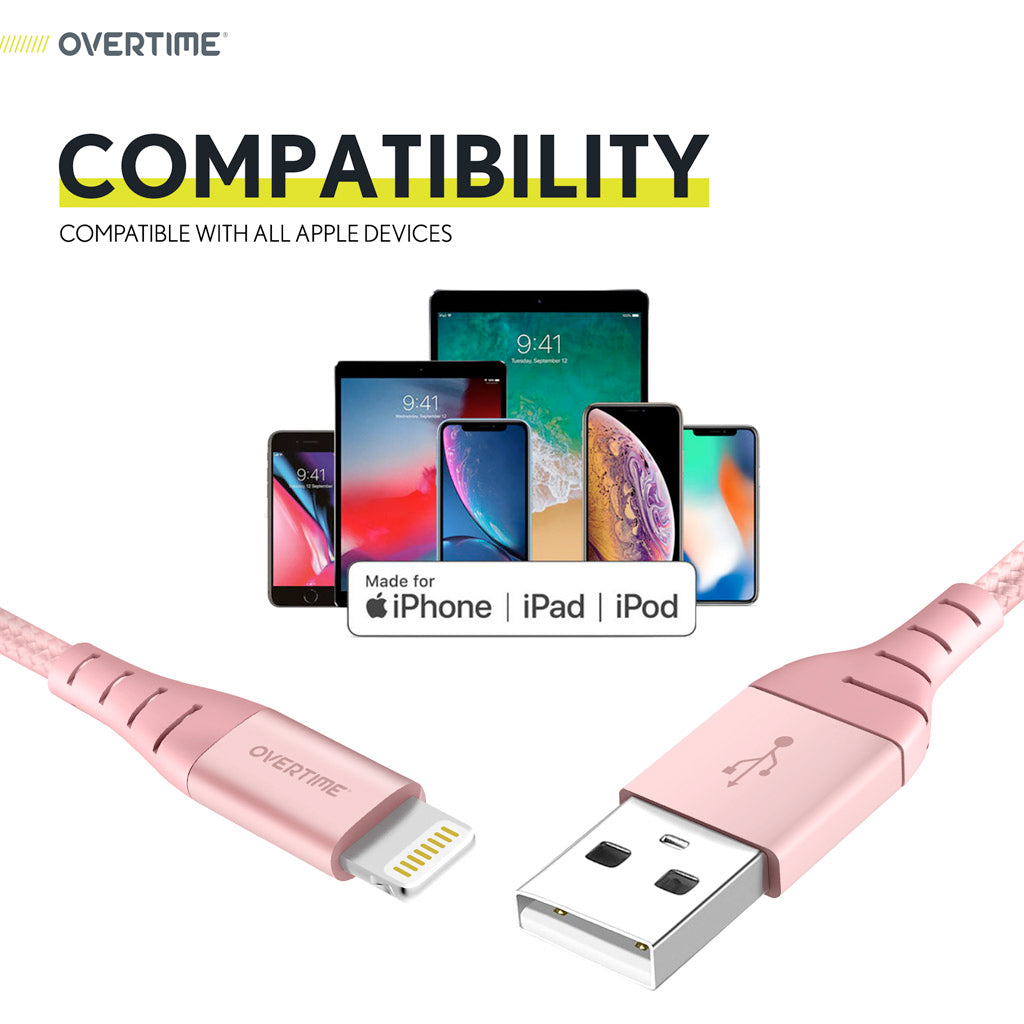 Overtime 10Ft Braided USB to Lightning Cable - Rose Gold