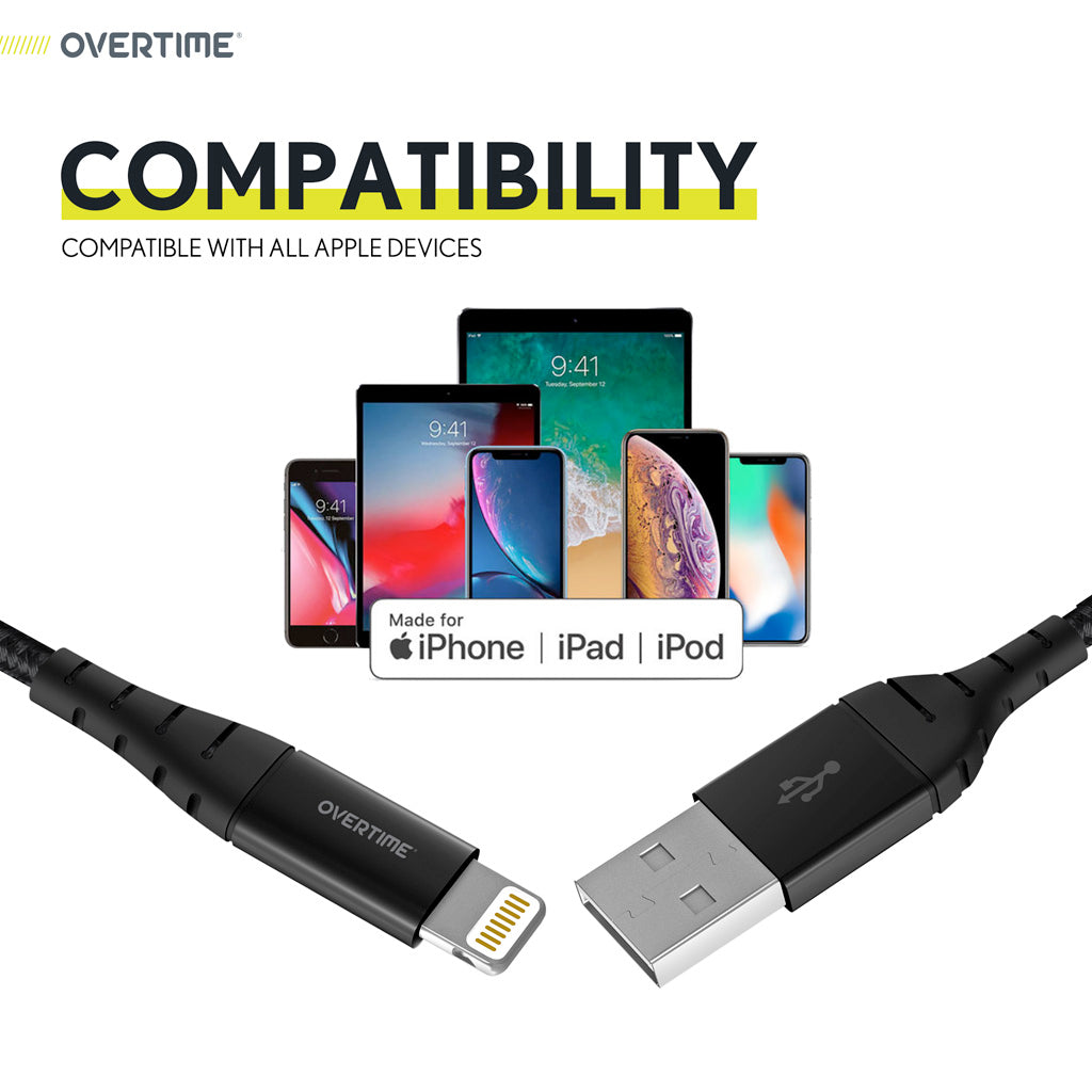 Overtime 10Ft Braided iPhone Charger Cord | Apple MFI Certified USB to Lightning Cable - Black