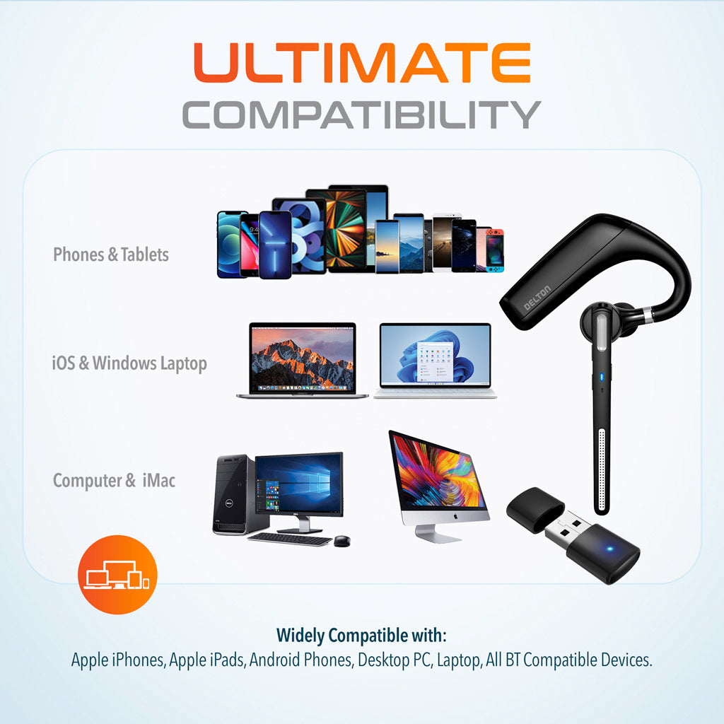Delton 90X Bundle: Ultralight Noise Cancelling Executive Headset + Auto Pairing USB Dongle + Carrying Case + 1080P USB Webcam