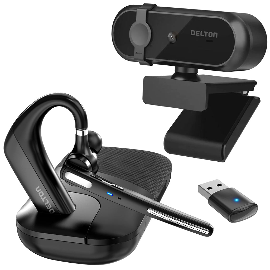 Delton 90X Bundle: Ultralight Noise Cancelling Executive Headset + Auto Pairing USB Dongle + Carrying Case + 1080P USB Webcam