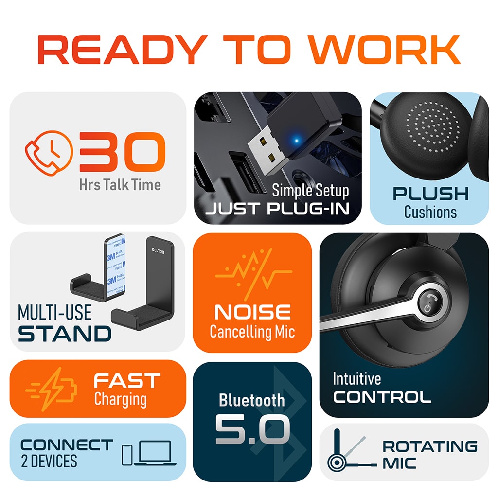 Delton 30X Noise Cancelling 2-Earpiece Computer Headset + Auto Pairing USB + Hook